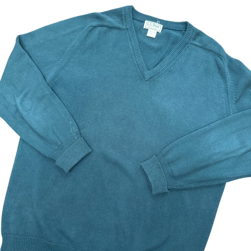 LL Bean V-Neck Sweater Mens Large L Green Cotton Vintage Made in USA Raglan Knit